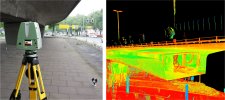 Laserscan einer Bestandsbrücke (l.) und resultierende 3D-Punktwolke (r.); Quelle: Vermessungs- und Katasteramt, Düsseldorf